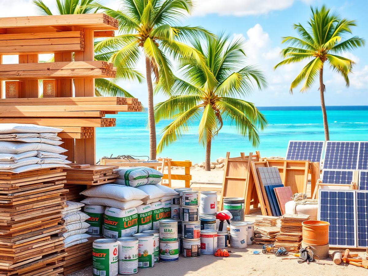 Construction supplies including lumber, cement, tiles and solar panels stacked beside a Turks and Caicos beach