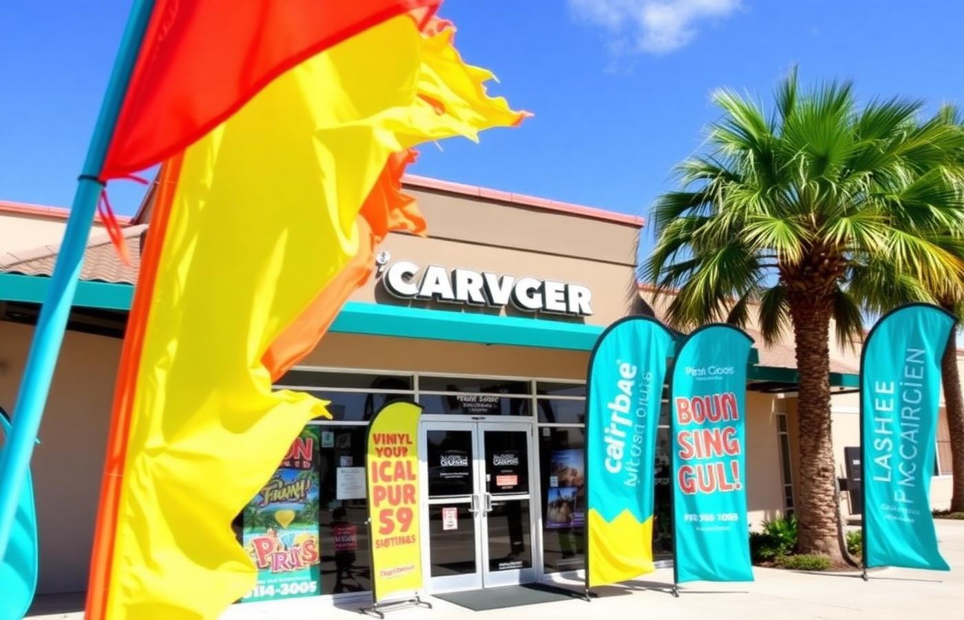 Colorful feather flags and banners waving outside a Caribbean storefront